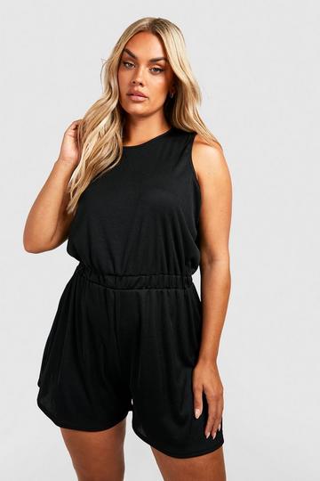 Black Plus Rib Elasticated Waist Flippy Romper