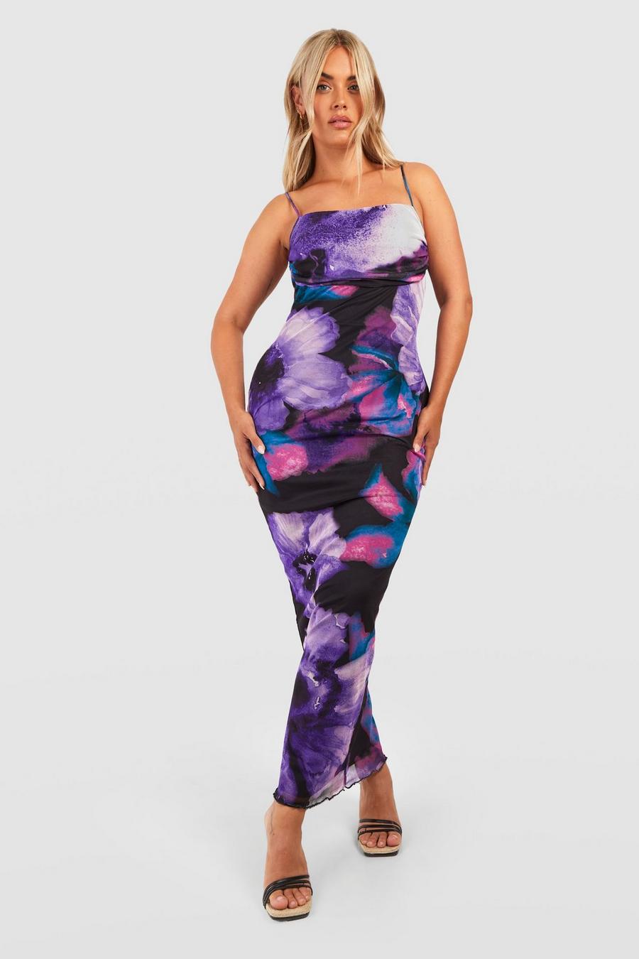 Vestito maxi pull-on Plus Size in rete con stampa a fiori astratti, Purple image number 1