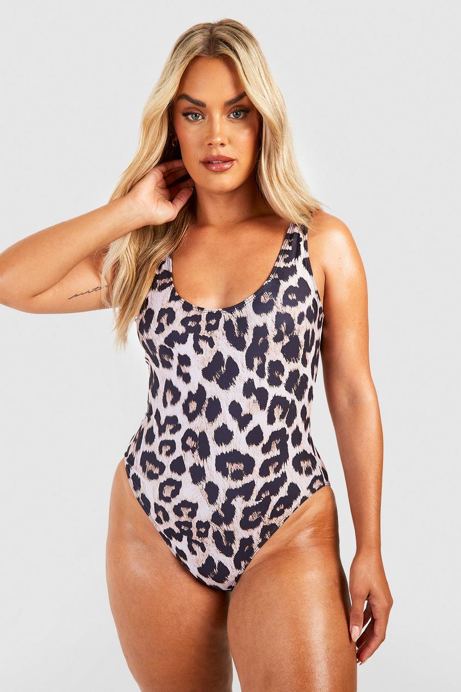 Brown Plus Leopard Print Scoop Neck Swimsuit image number 1