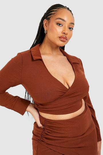 Plus Hammered Satin Wrap Shirt Top chocolate