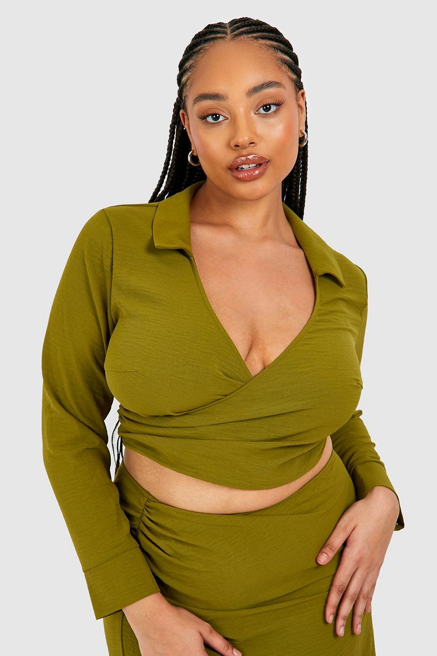 Olive Plus Hammered Satin Wrap Shirt Top