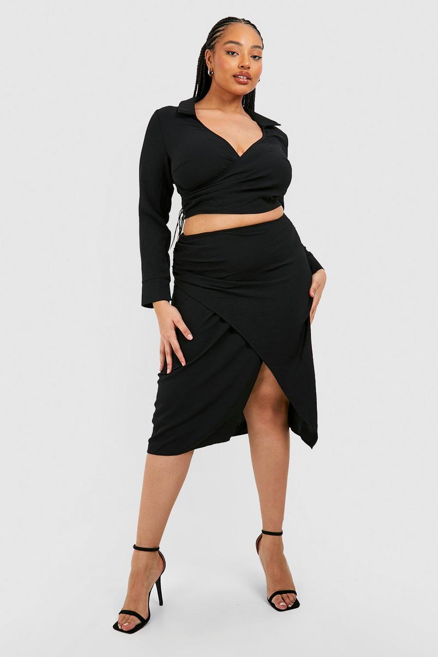 Black Plus Hammered Satin Wrap Midi Skirt image number 1