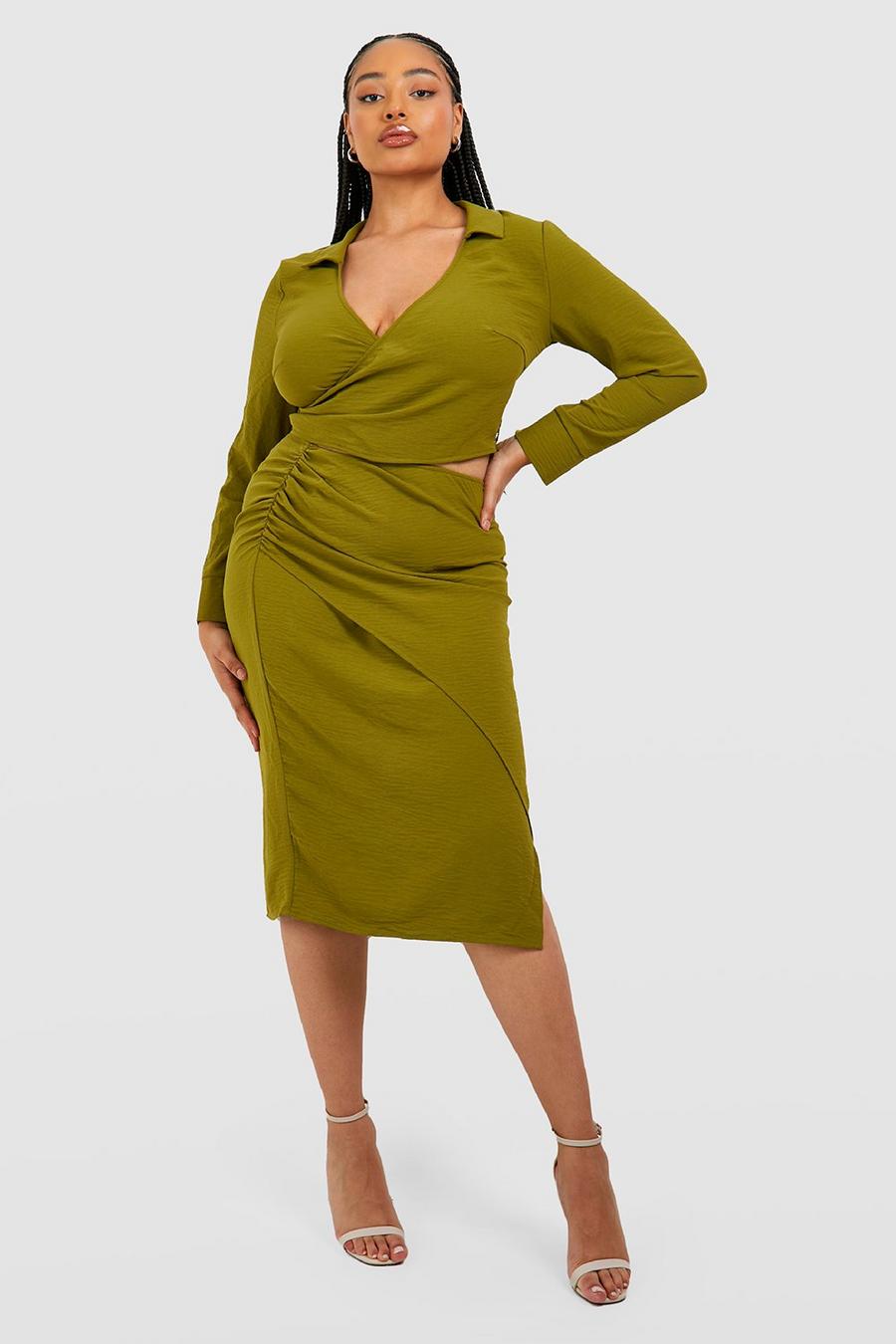Olive grön Plus Hammered Satin Wrap Midi Skirt