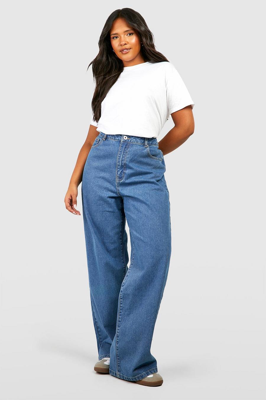 Plus Basics Boyfriend-Jeans mit hohem Bund, Mid blue image number 1