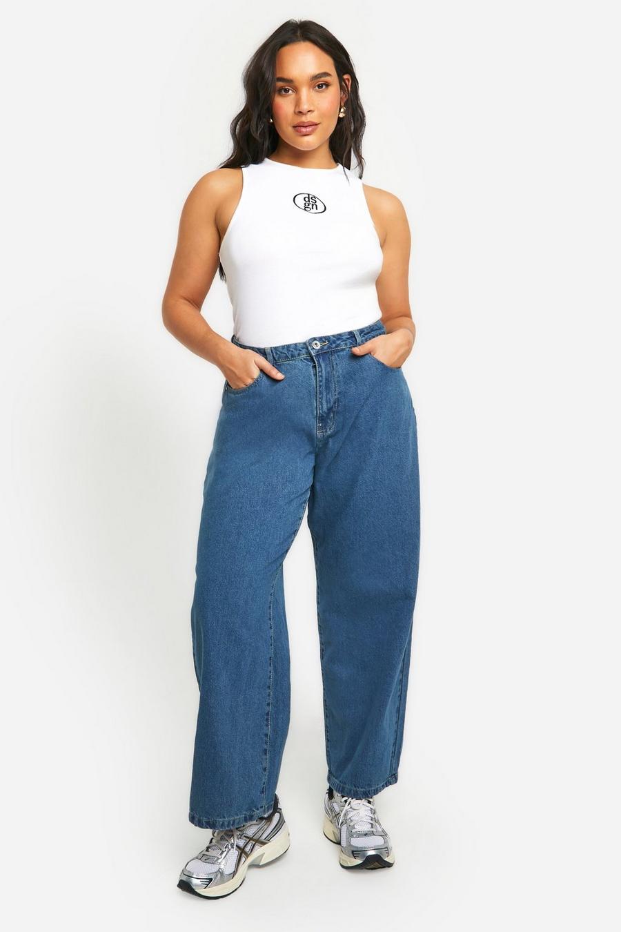 Mid blue Plus Basics High Waisted Boyfriend Jeans image number 1