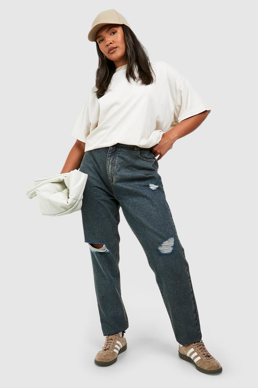 Vintage wash Plus Basic Högmidjade slitna mom jeans