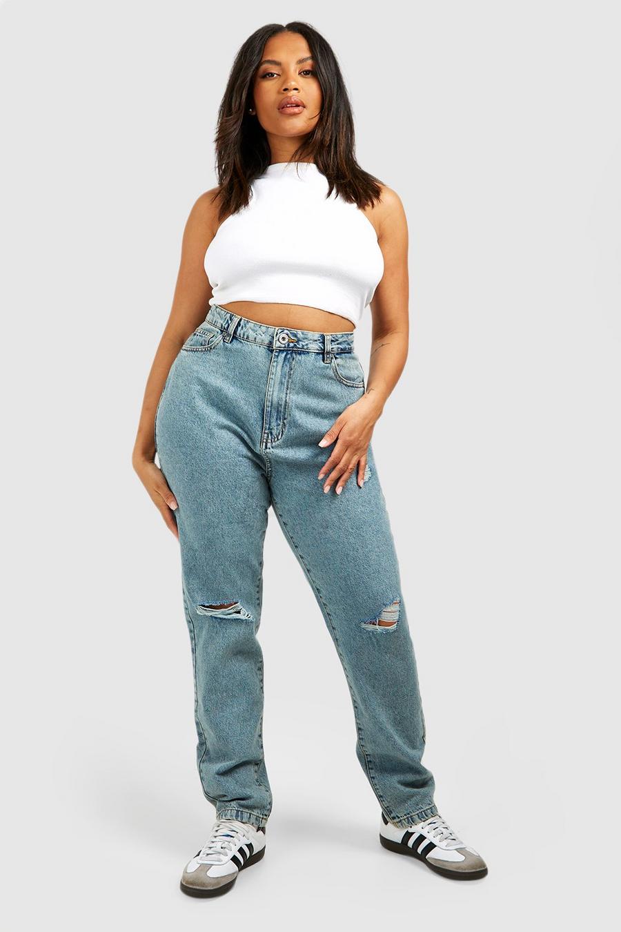 Washed blue Plus Basics High Waisted Ripped Mom Jeans image number 1
