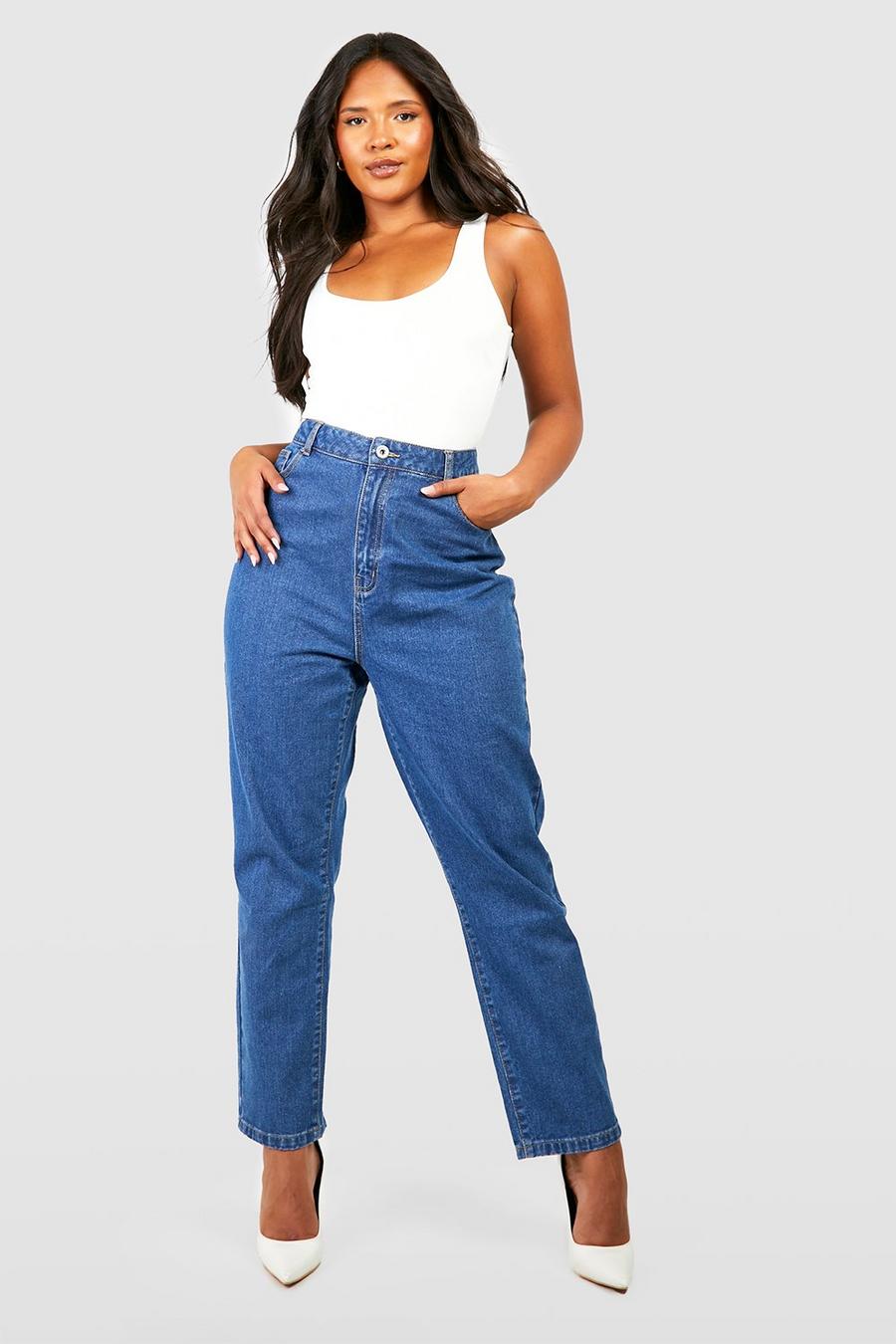 Jeans Mom Plus Size Basic a vita alta Slim Fit, Washed indigo