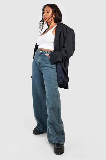 Boohoo Basics Plus High Waisted Wide Leg Jeans vintage wash