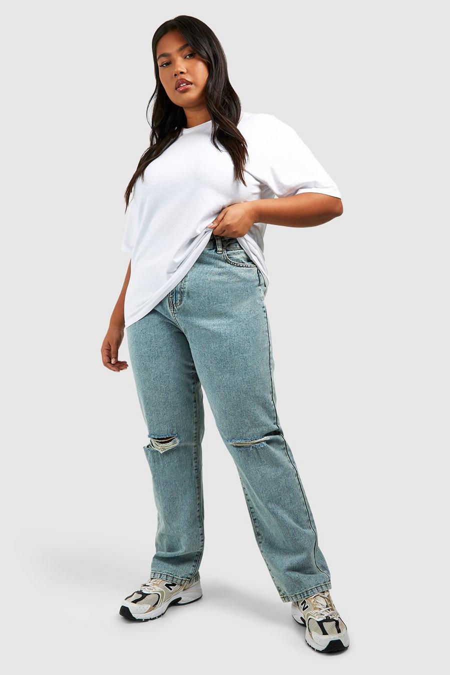 Jeans dritti Plus Size Basics a vita alta con strappi sul ginocchio, Washed blue image number 1