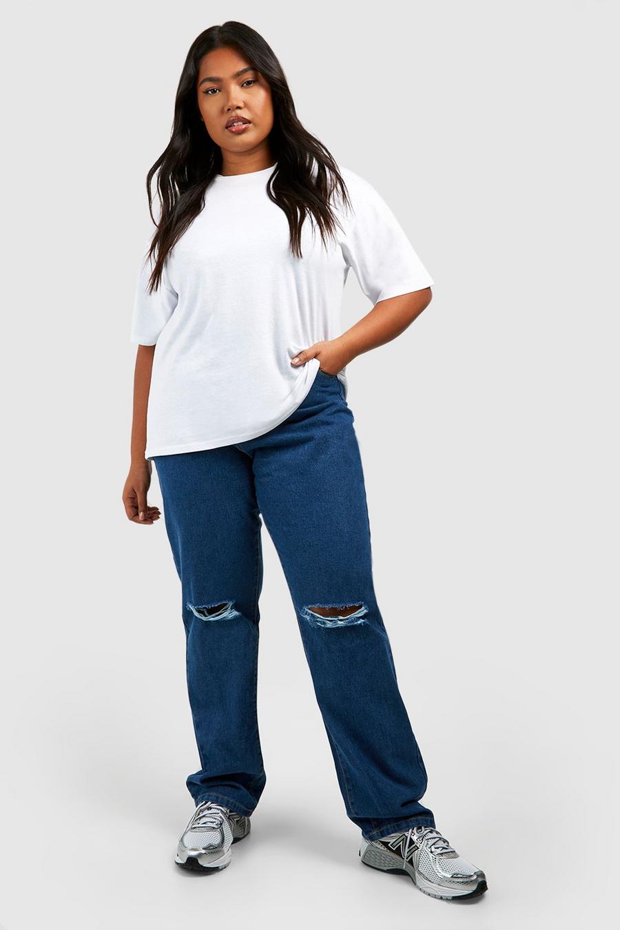 Washed indigo Plus Basic Högmidjade raka jeans med slitna knän image number 1
