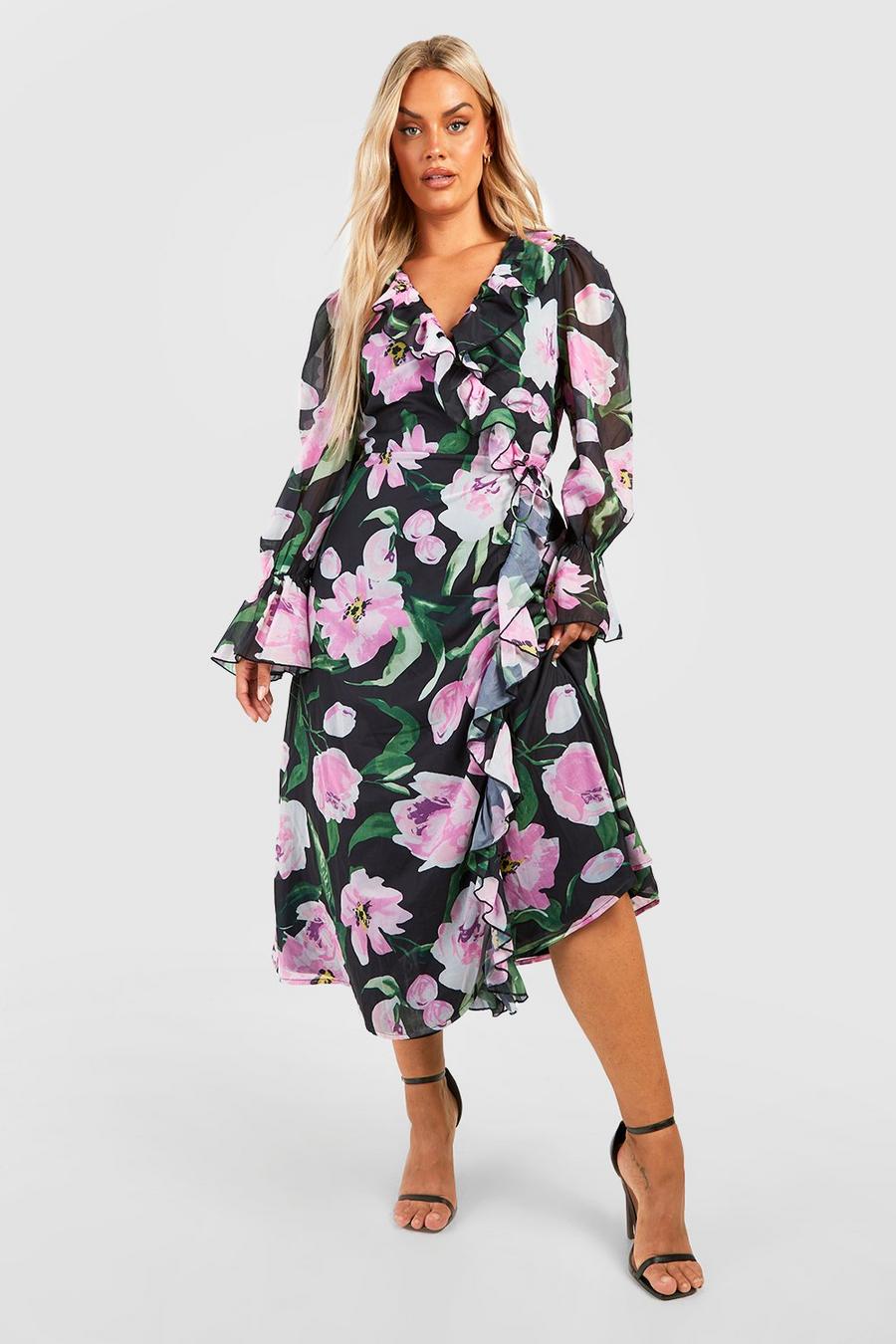 boohoo Plus Floral Ruffle Wrap Dress - Green - Size 24