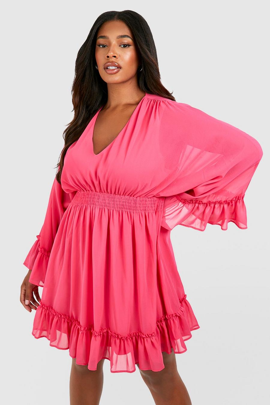Magenta pink Plus Wrap Extreme Sleeve Smock Dress