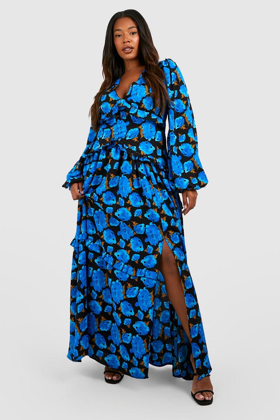 Blue Plus Floral Waist Detail Maxi Dress image number 1