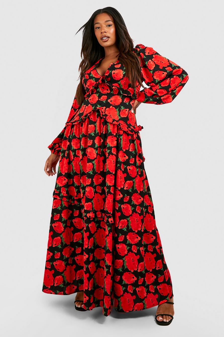 Red Plus Floral Waist Detail Maxi Dress