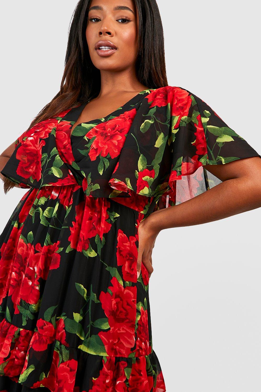 Plus size black dress with red roses best sale