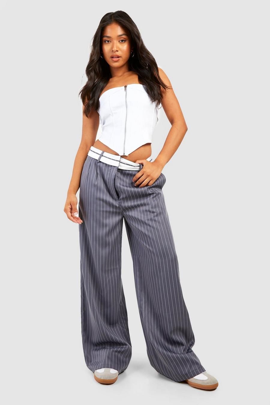 Charcoal Petite Pinstripe Reverse Waistband Wide Leg Trousers image number 1