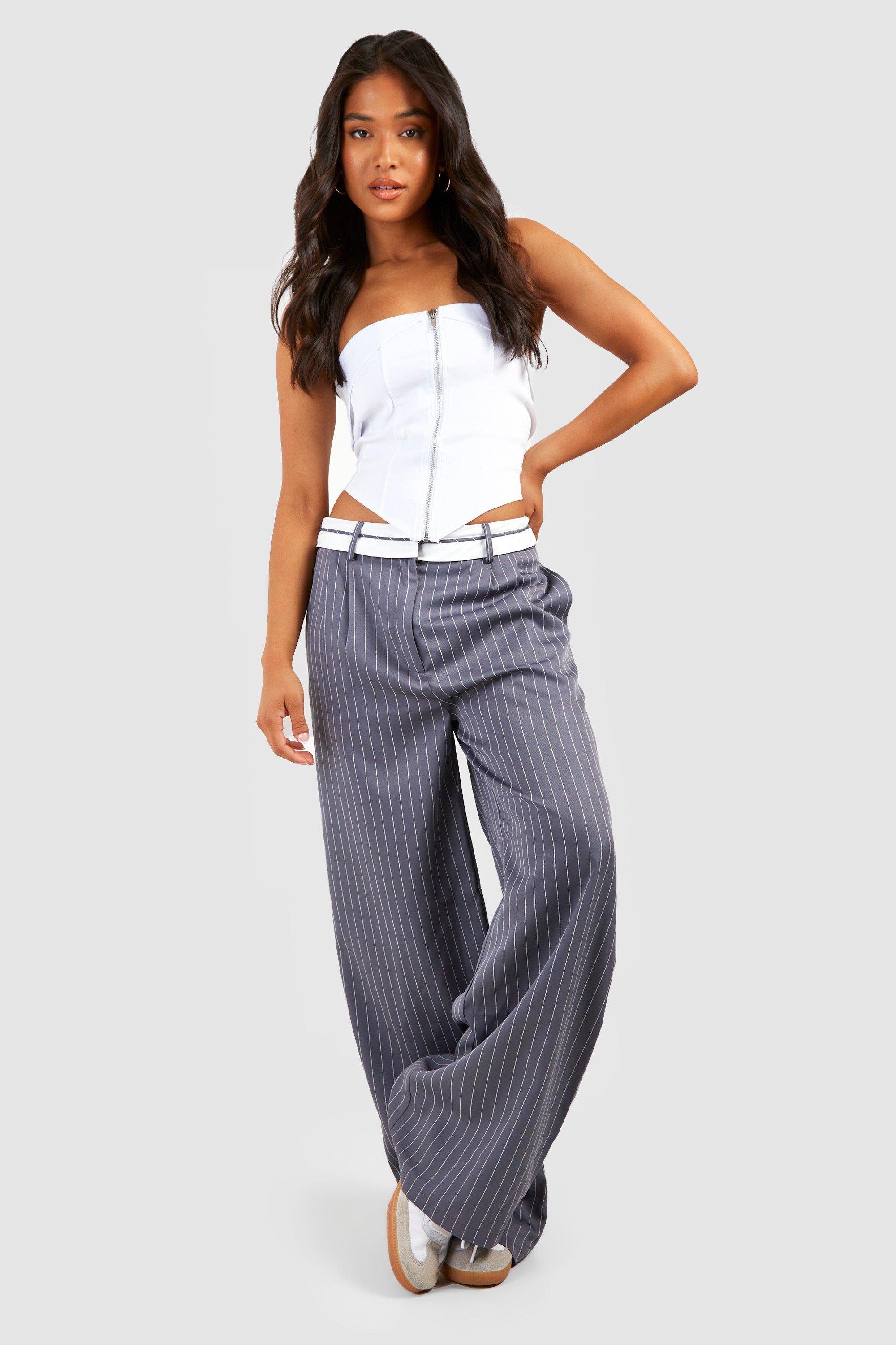 Petite Pinstripe Reverse Waistband Wide Leg Trousers