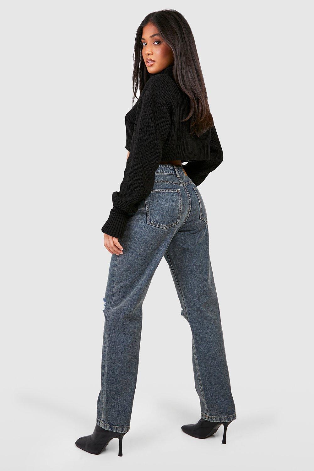 Vintage Wash Long Ripped Straight Leg Jeans