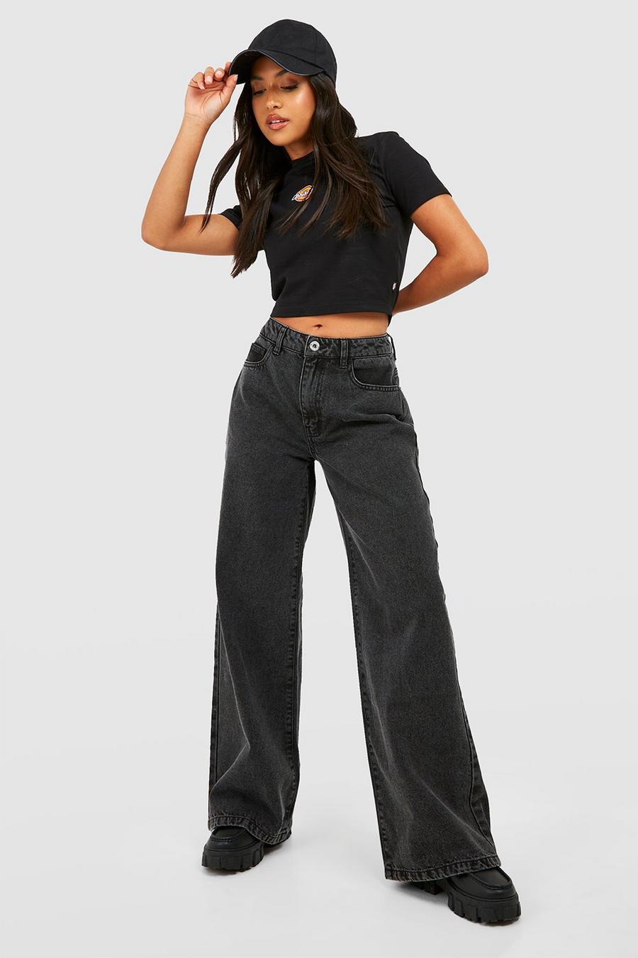 Petite Basic Jeans mit weitem Bein, Washed black image number 1