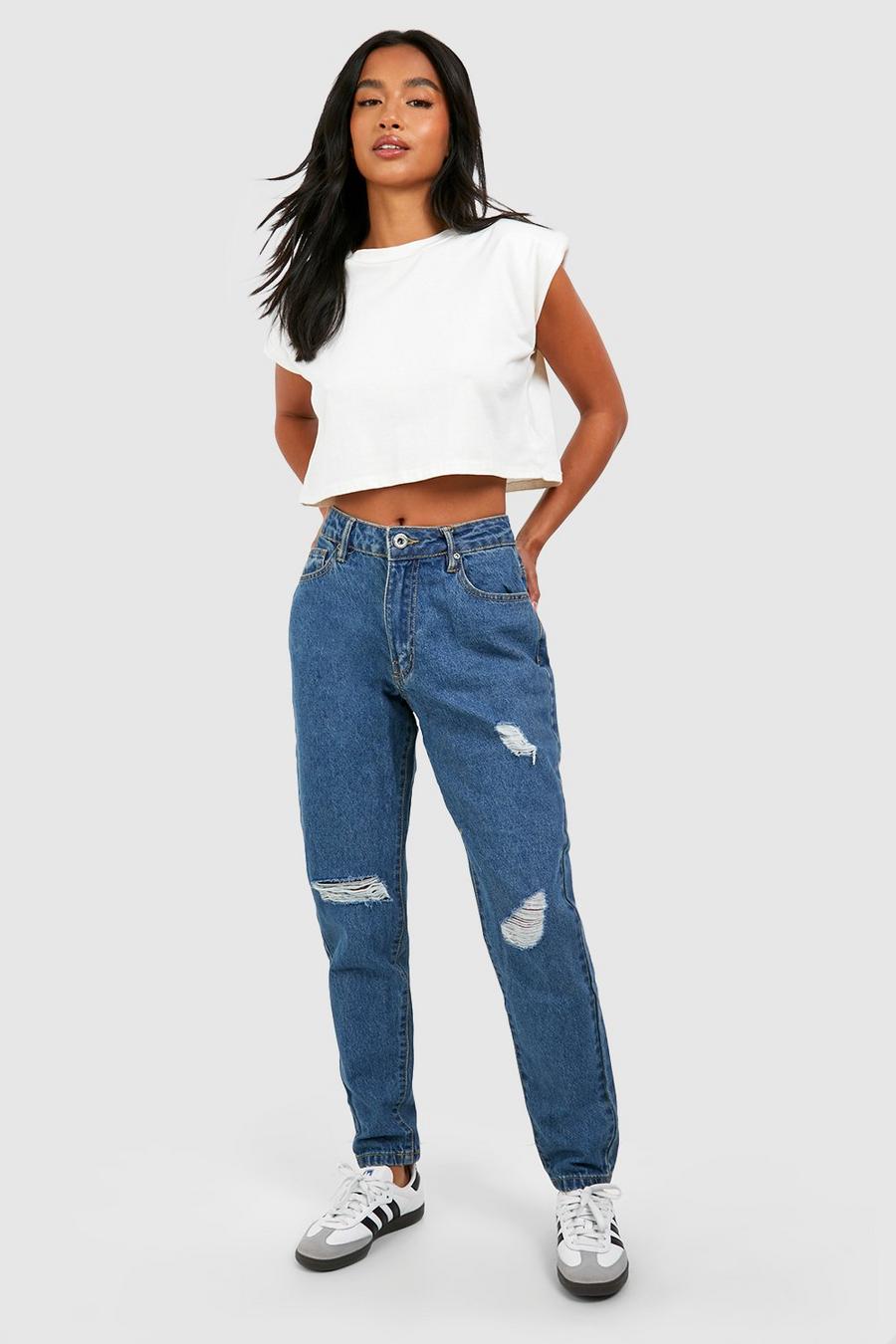 Mid blue Petite Basics High Waisted Ripped Mom Jean  image number 1