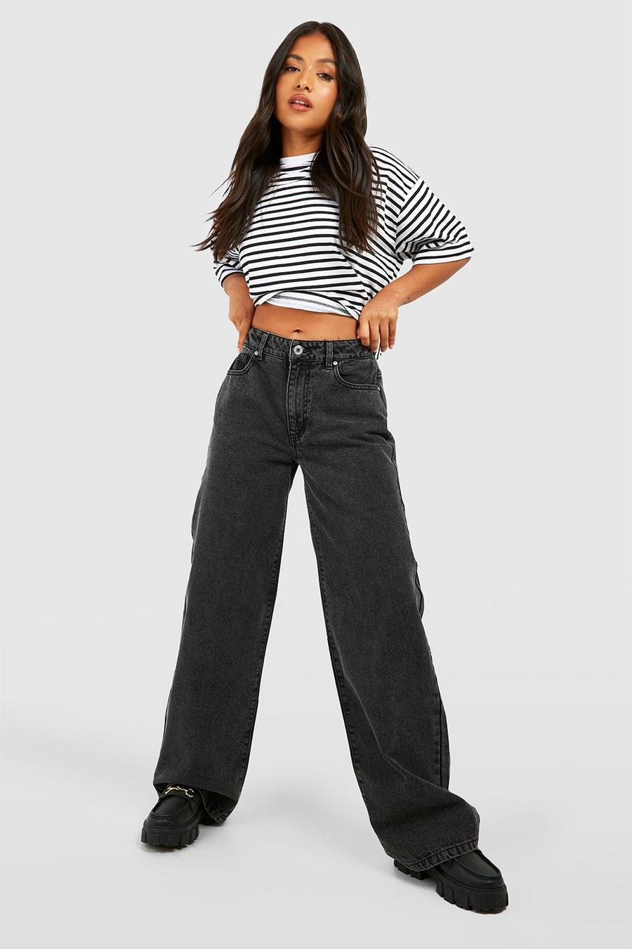 Petite Basic Jeans mit hohem Bund und super weitem Bein, Washed black image number 1