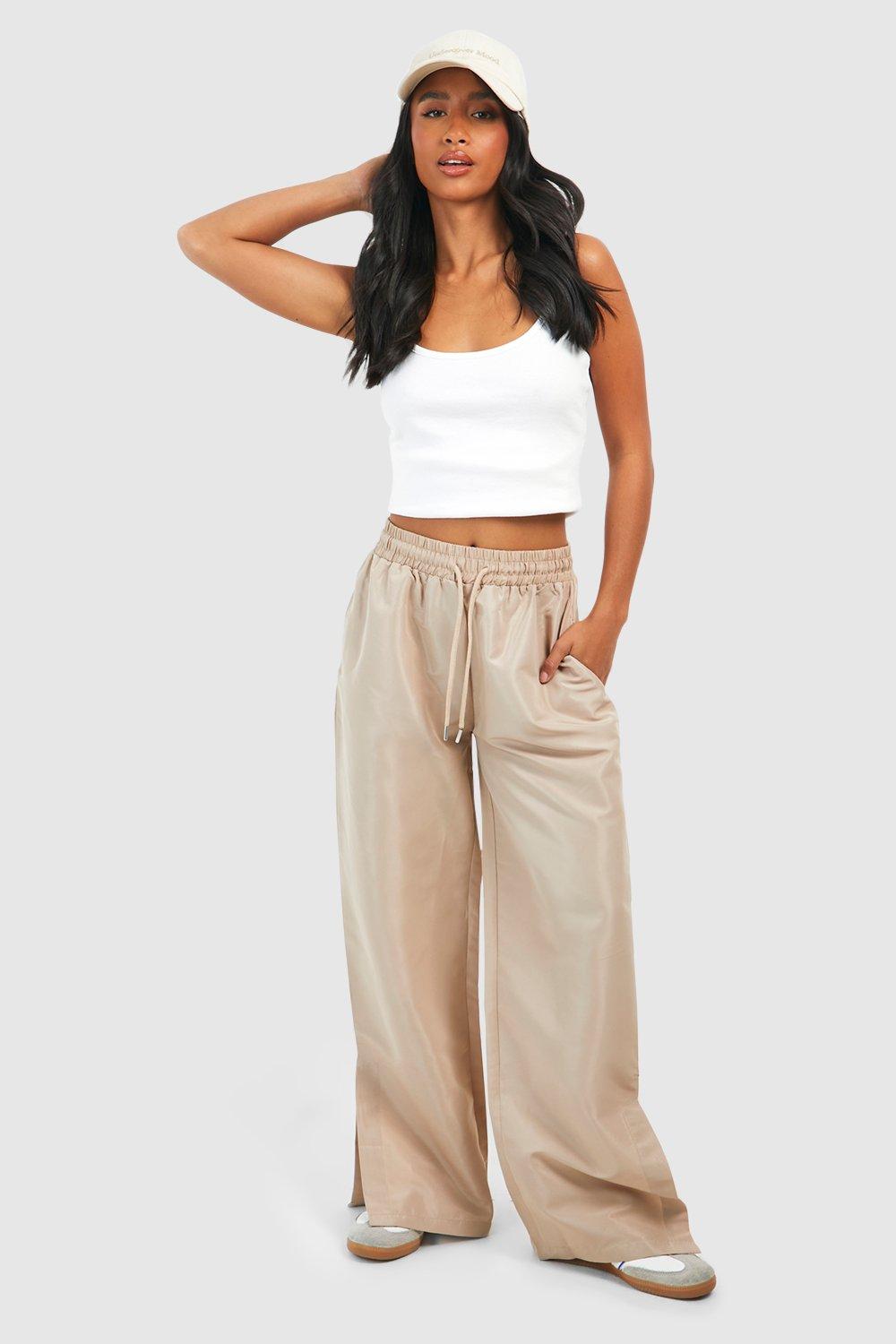 Women's Parachute Cargo Pants With Knee Split Detail Beige