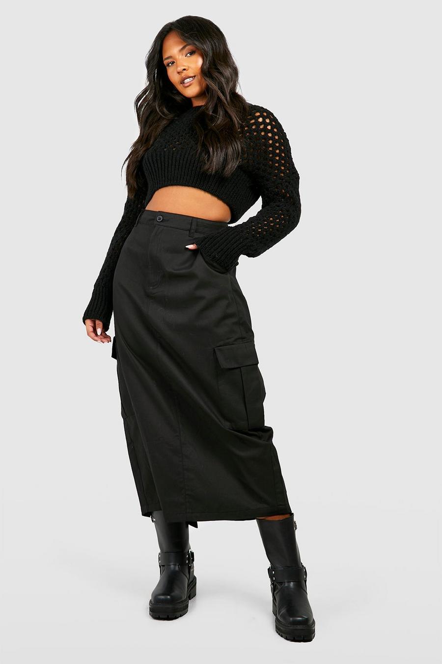Black Plus High Waisted Twill Cargo Midaxi Skirt