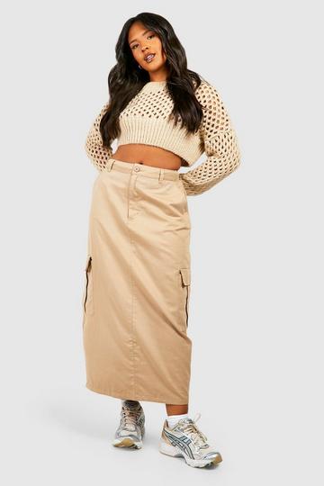 Plus High Waisted Twill Cargo Midi Skirt taupe