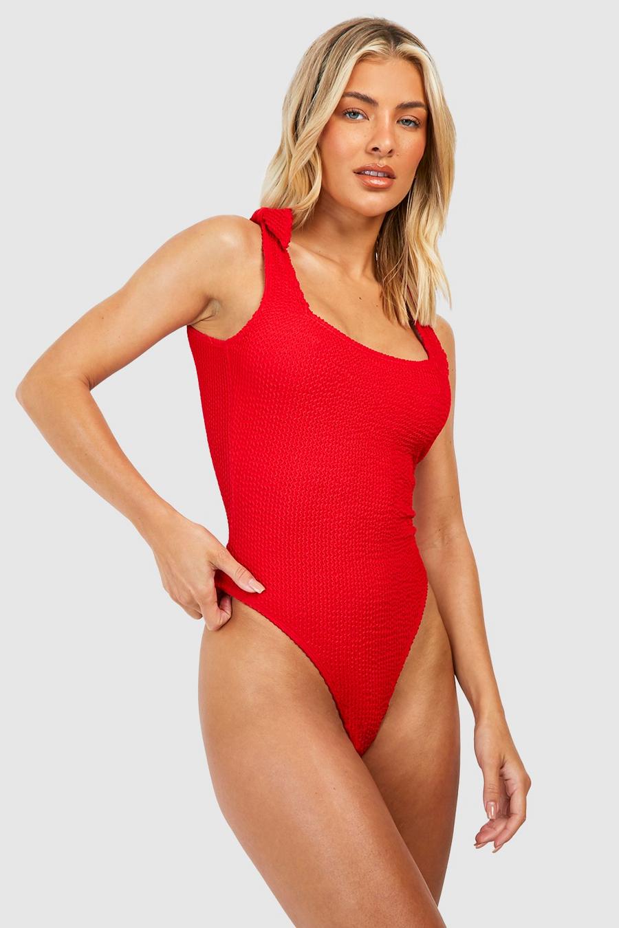 Red Crinkle Tummy Control Tie Square Swimsuit image number 1