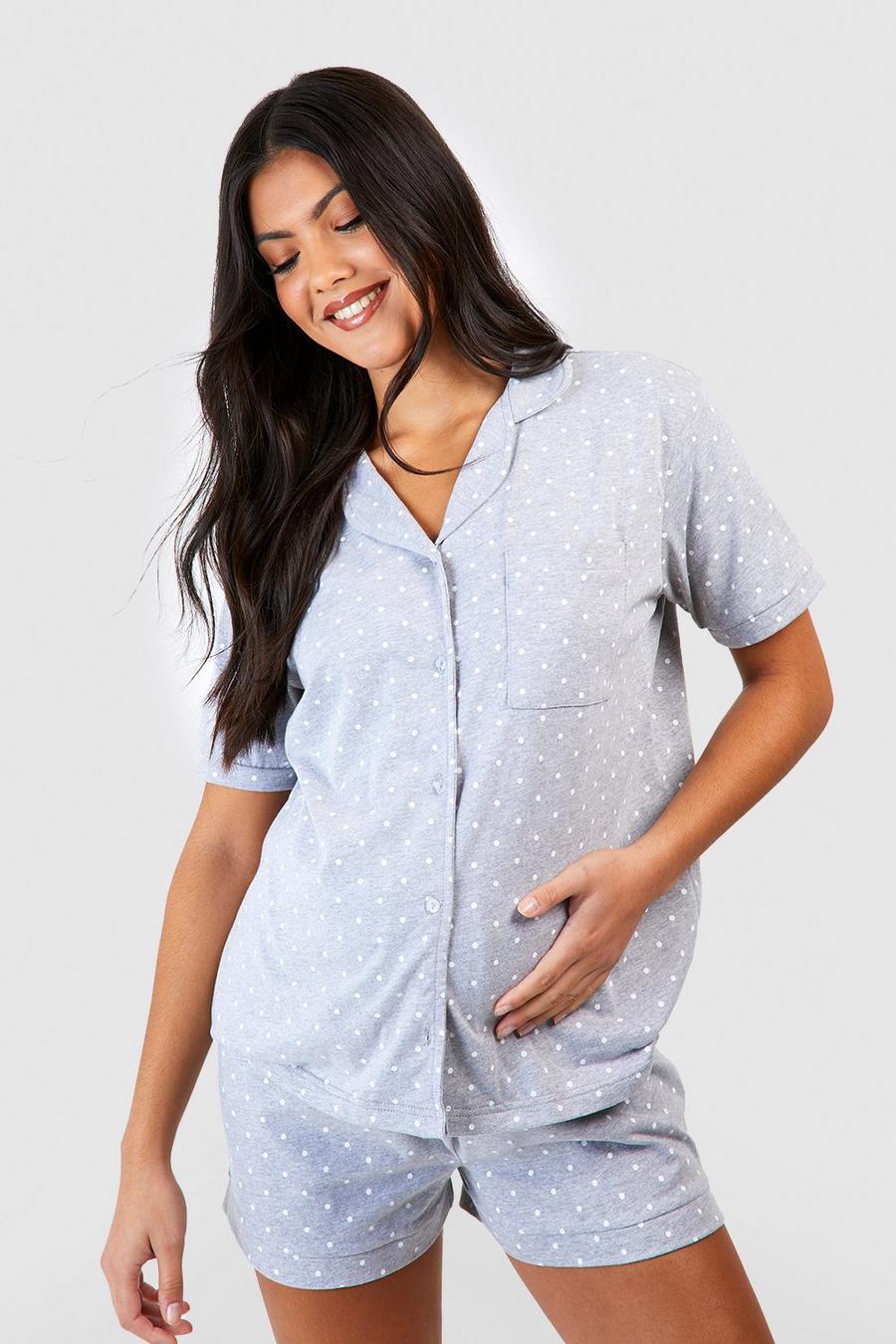 Umstandsmode gepunktetes Pyjama-Set mit Knopfleiste, Grey marl image number 1