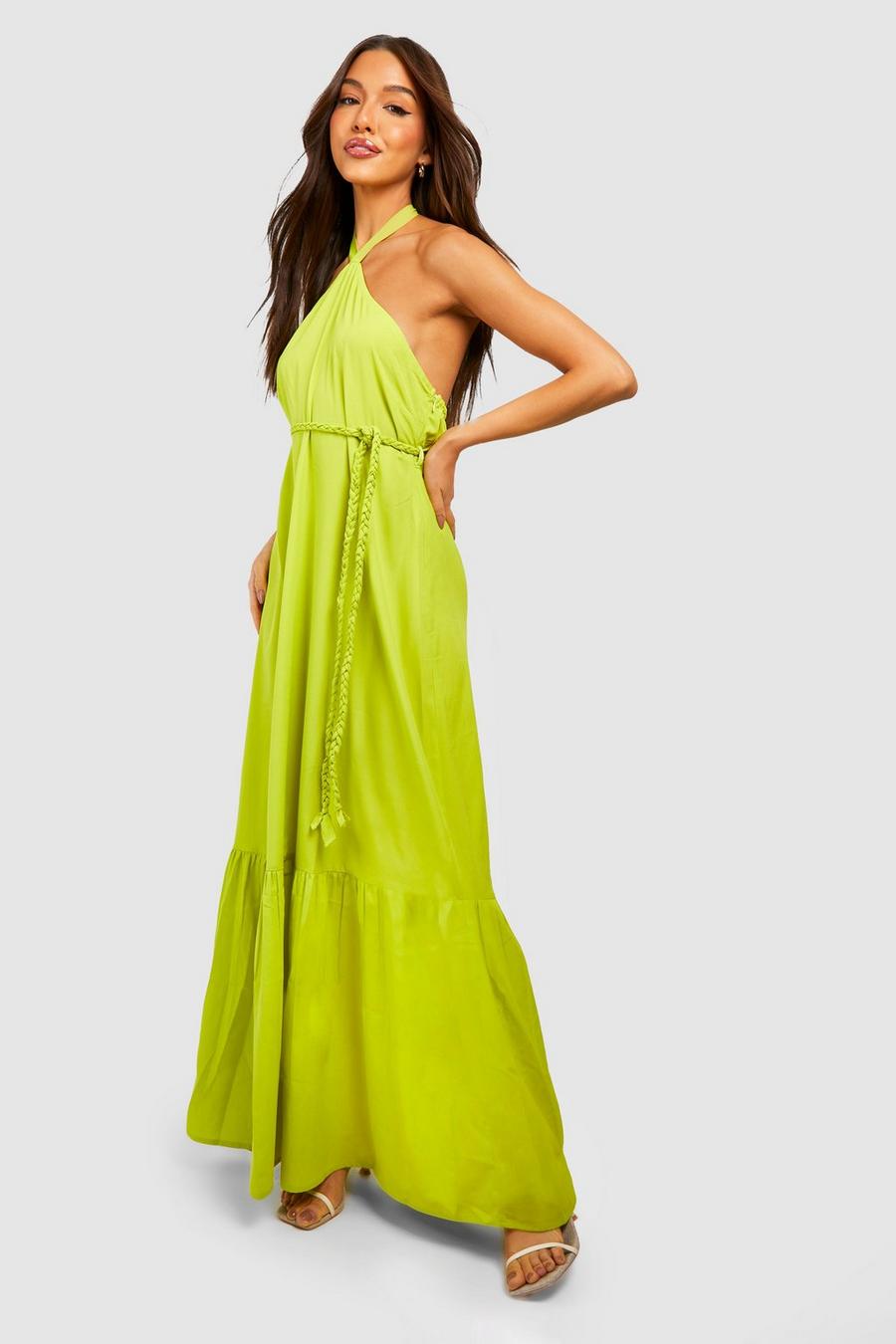 Chartreuse High Neck Belted Maxi Dress
