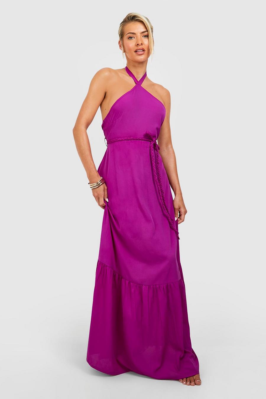 Purple High Neck Belted Maxi Dress image number 1