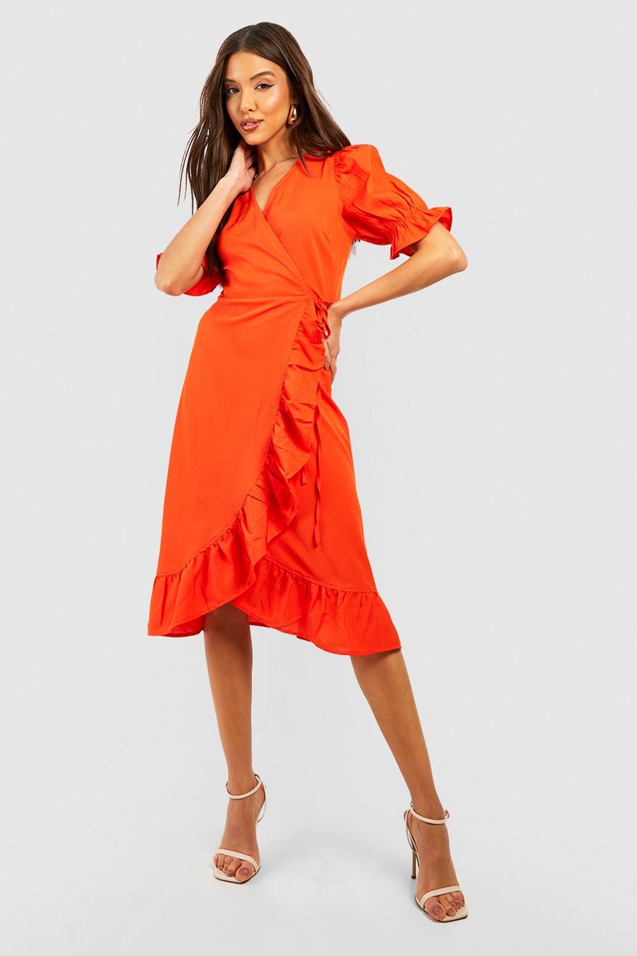 Orange Puff Sleeve Midi Dress
