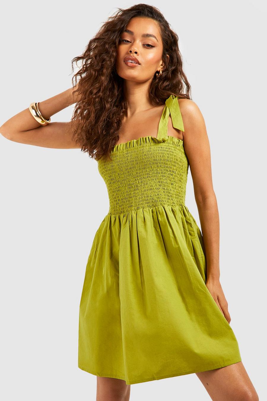 Olive green Cotton Poplin Shirred Skater Dress