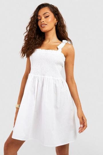 White Cotton Poplin Shirred Skater Dress