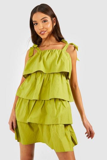 Olive Green Cotton Poplin Tiered Smock Dress