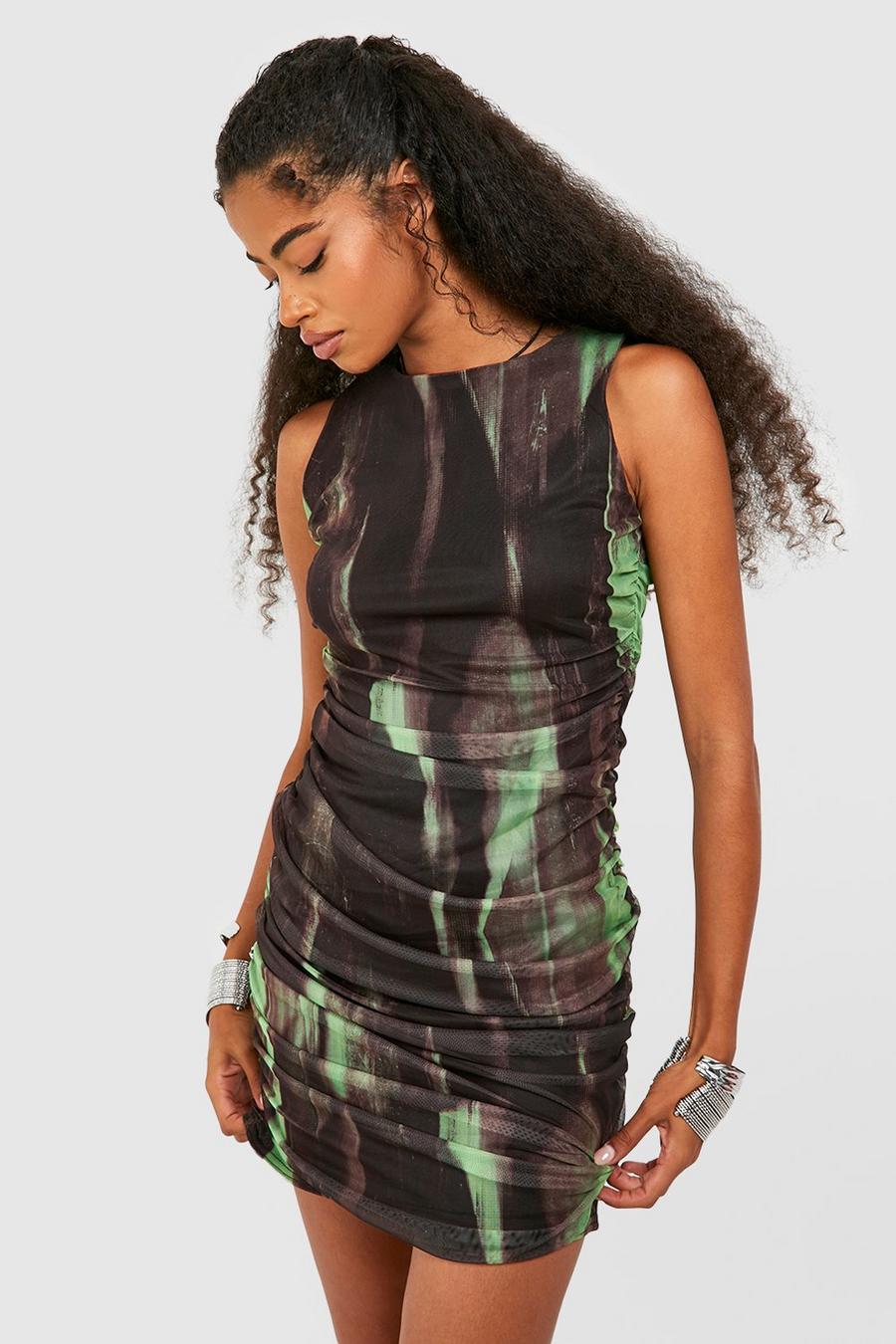 Vestido mini de malla fruncido con estampado abstracto, Green image number 1