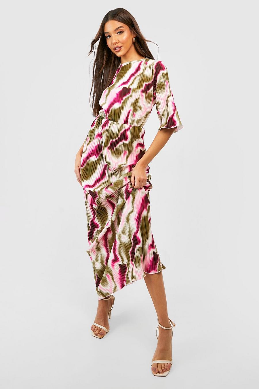 Vestido maxi oversize plisado con estampado abstracto, Khaki kaki