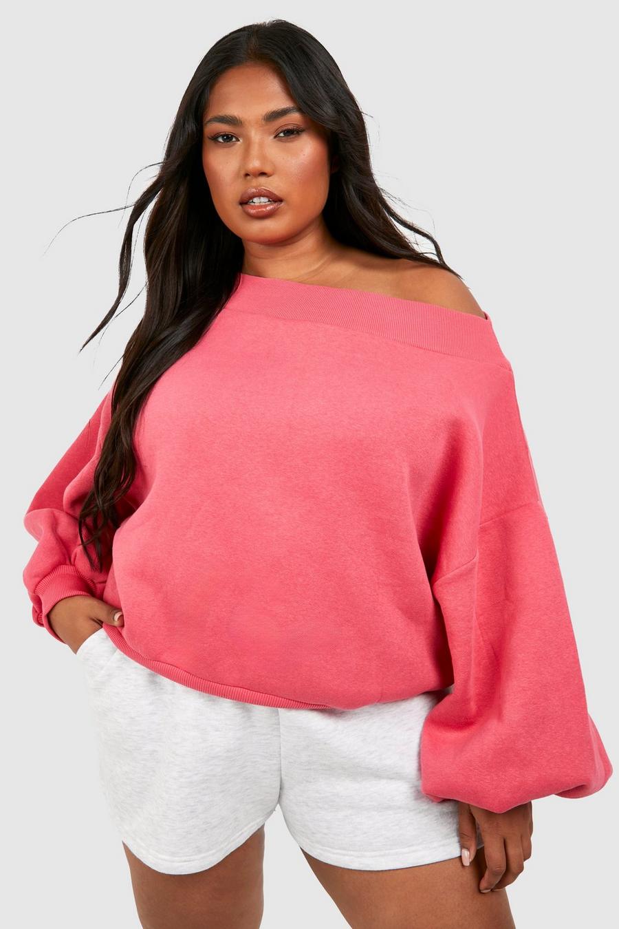 Hot pink Plus Boat Neck Balloon Sleeve Sweatshirt image number 1