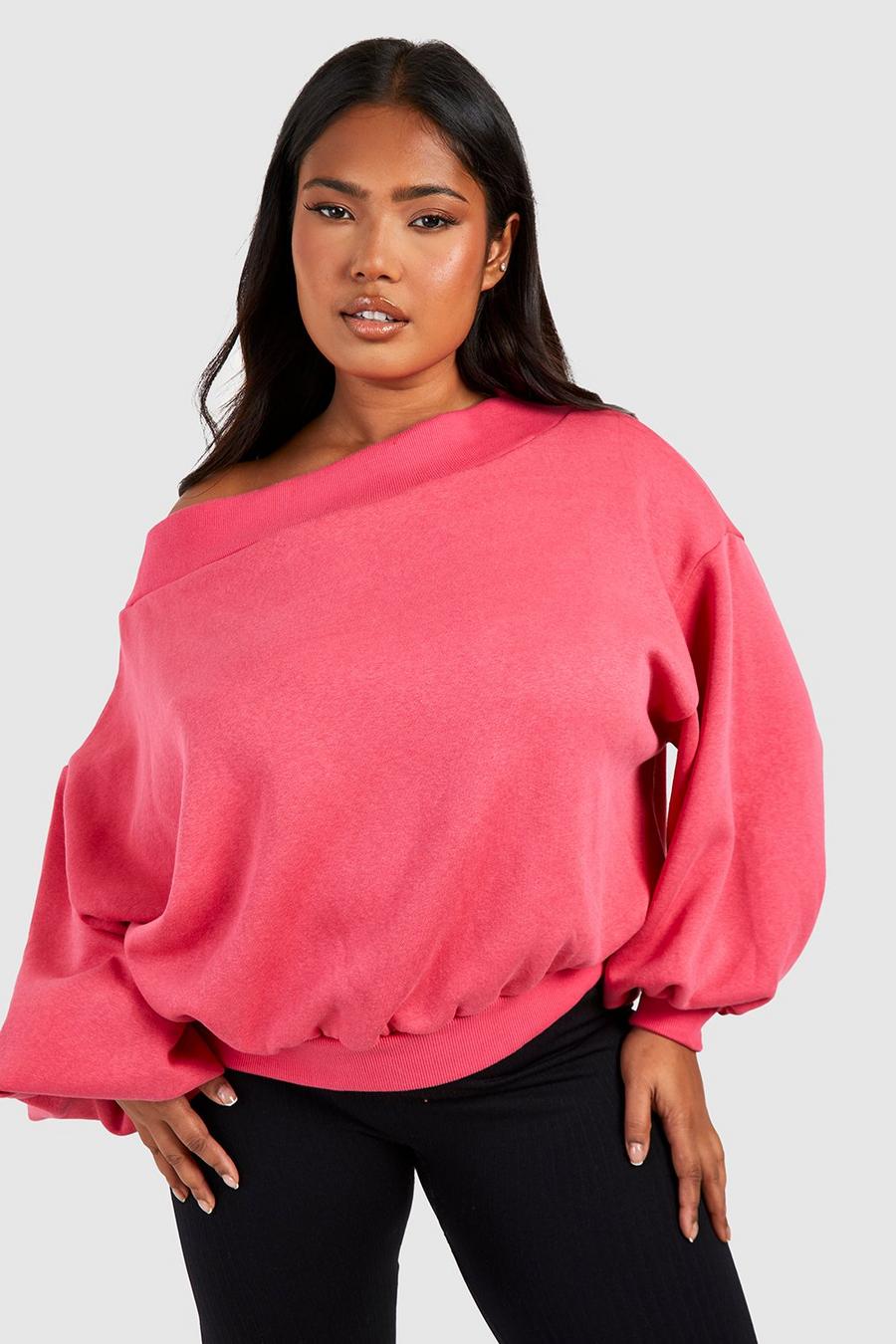 Pink Plus Slash Neck Balloon Sleeve Sweatshirt image number 1