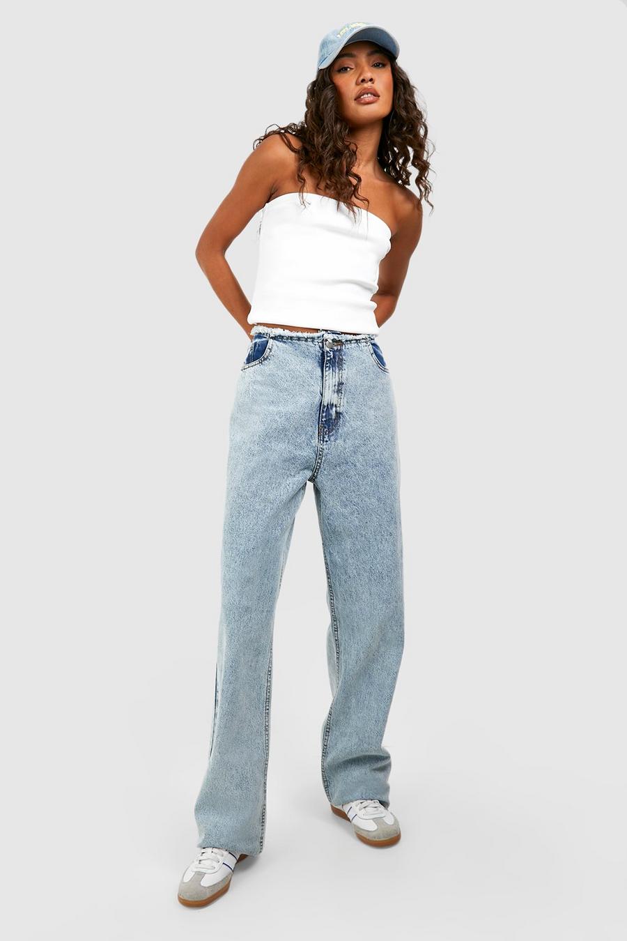 Mid blue Tall Fray Hem Waistband Wide Leg Jeans image number 1