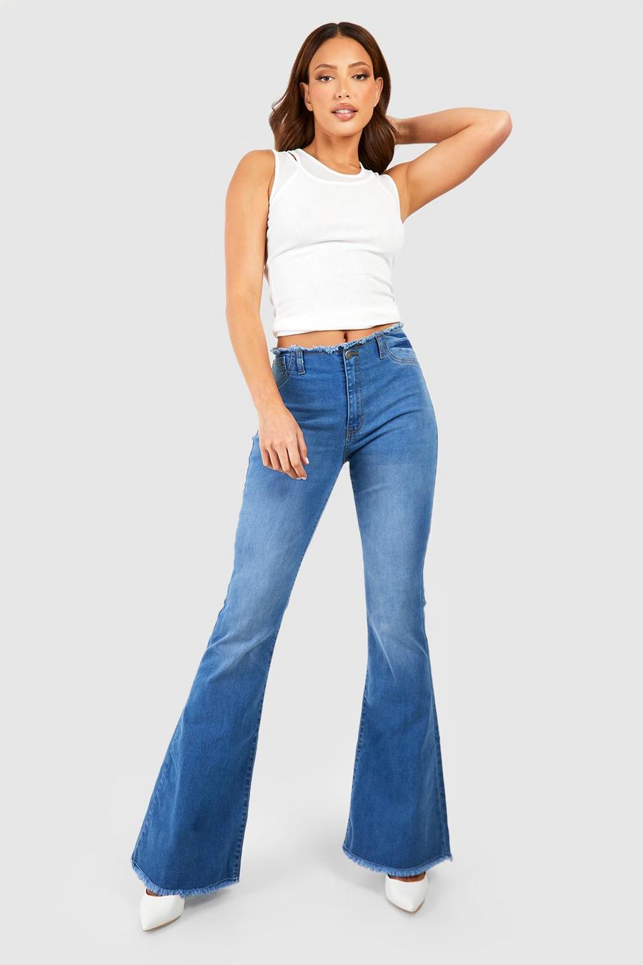 Mid blue Tall Fray Hem Waistband Stretch Flares image number 1