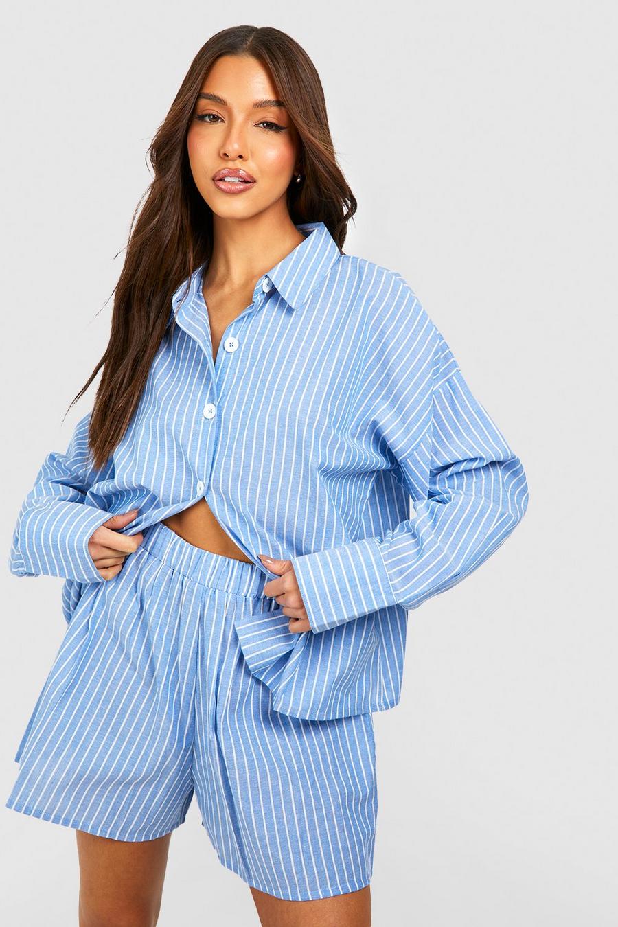 Blue Stripe Cropped Shirt & Short Set