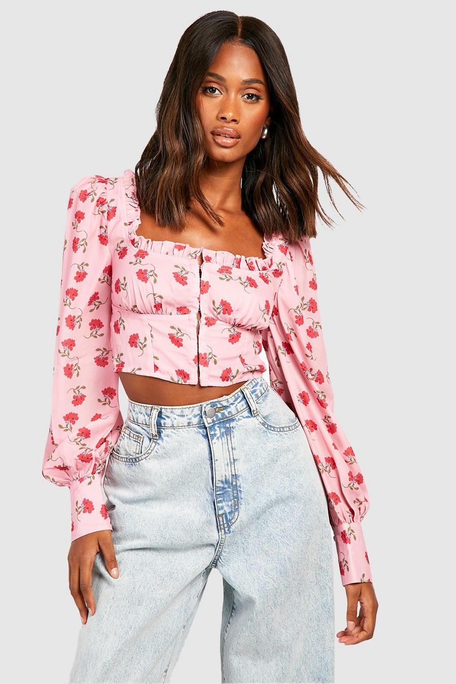 Pink Floral Puff Sleeve Corset Top image number 1
