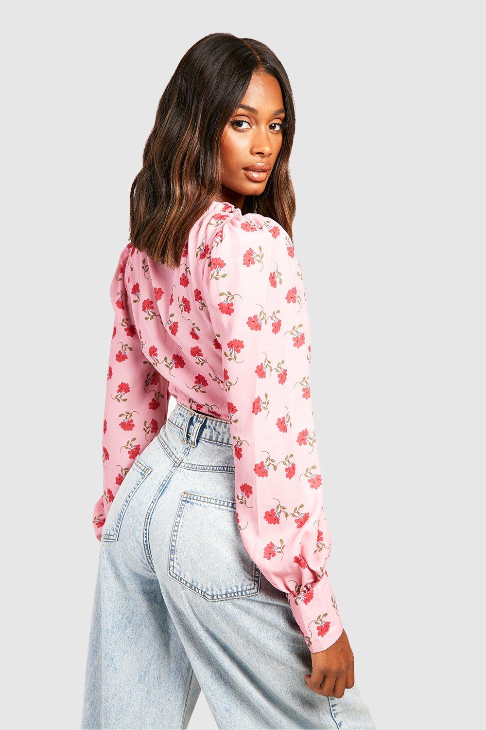 Plus Pink Ditsy Floral Puff Sleeve Corset Top