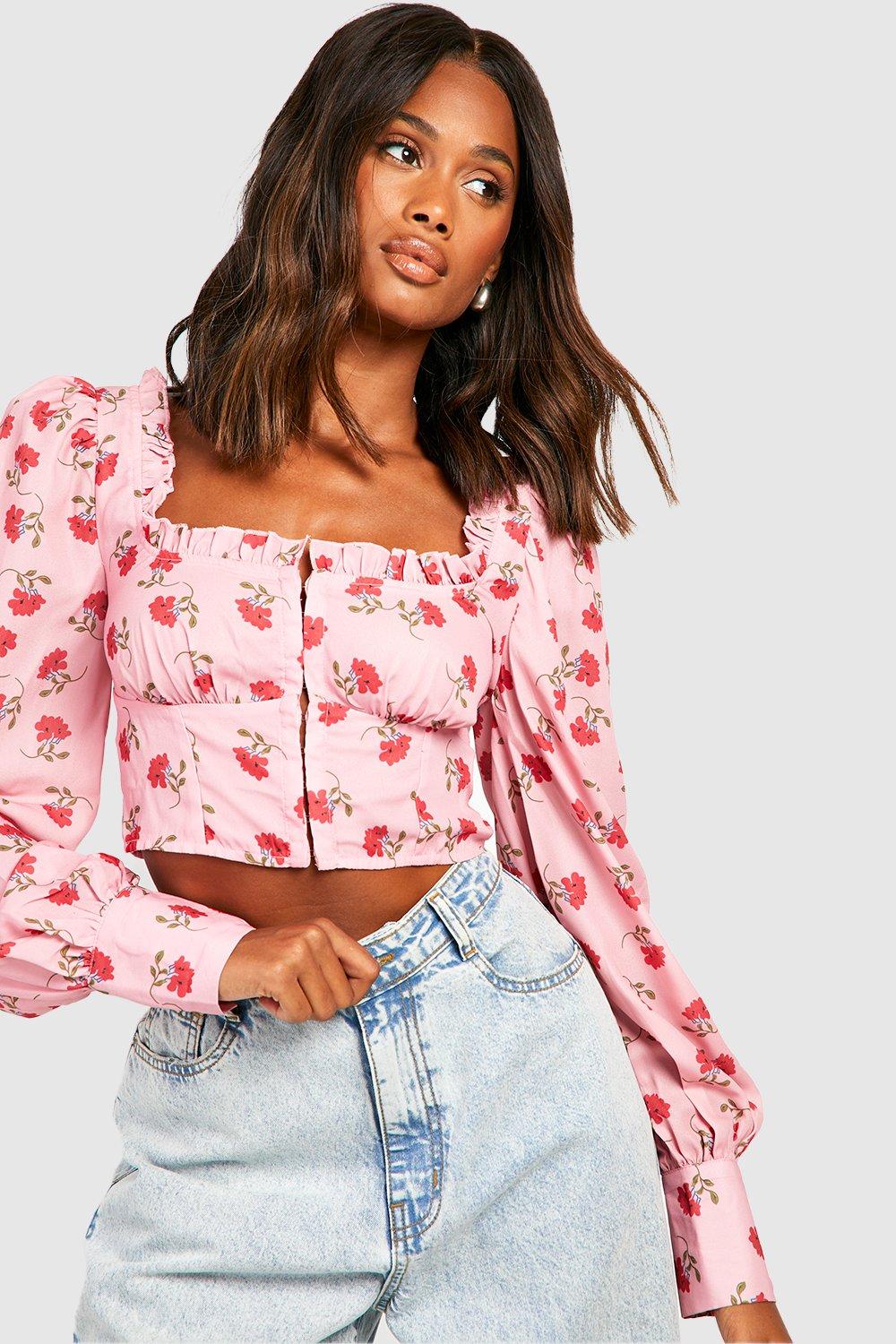 Floral Puff Sleeve Corset Top
