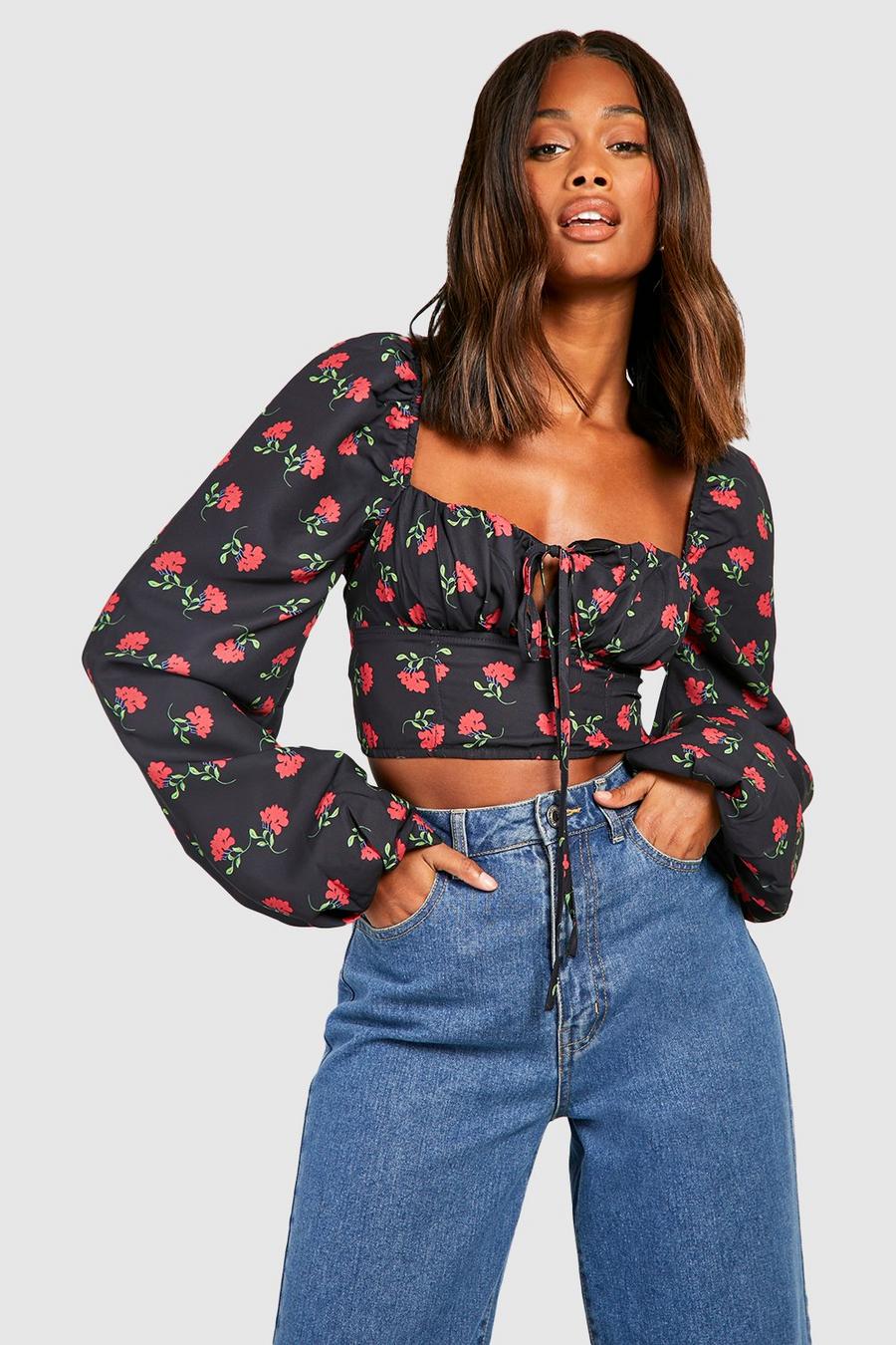 Black Floral Hook And Eye Corset Top