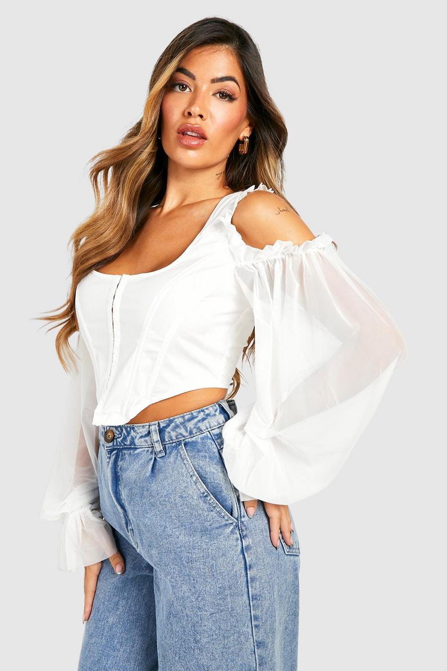 White Cotton Mesh Sleeve Corset Top image number 1