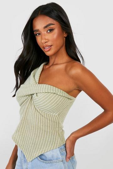 Sage Green Petite Twist Front Asymmetric Hem Top